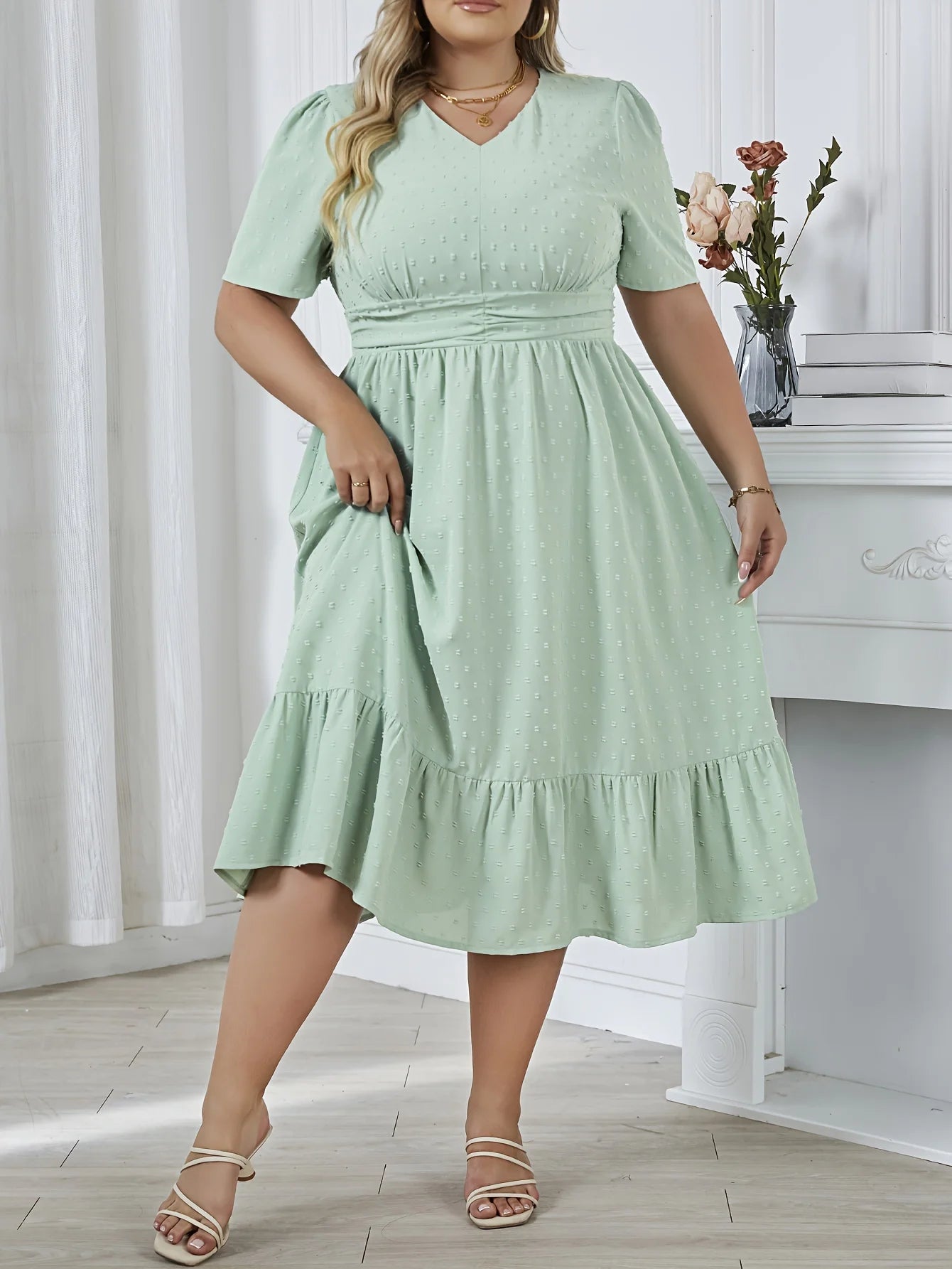 2024 New 0XL-4XL Plus Size Waist Swing Pleated Dress V-neck Solid Color A-line Skirt Elegant Fashion Lady Temperament Gentle