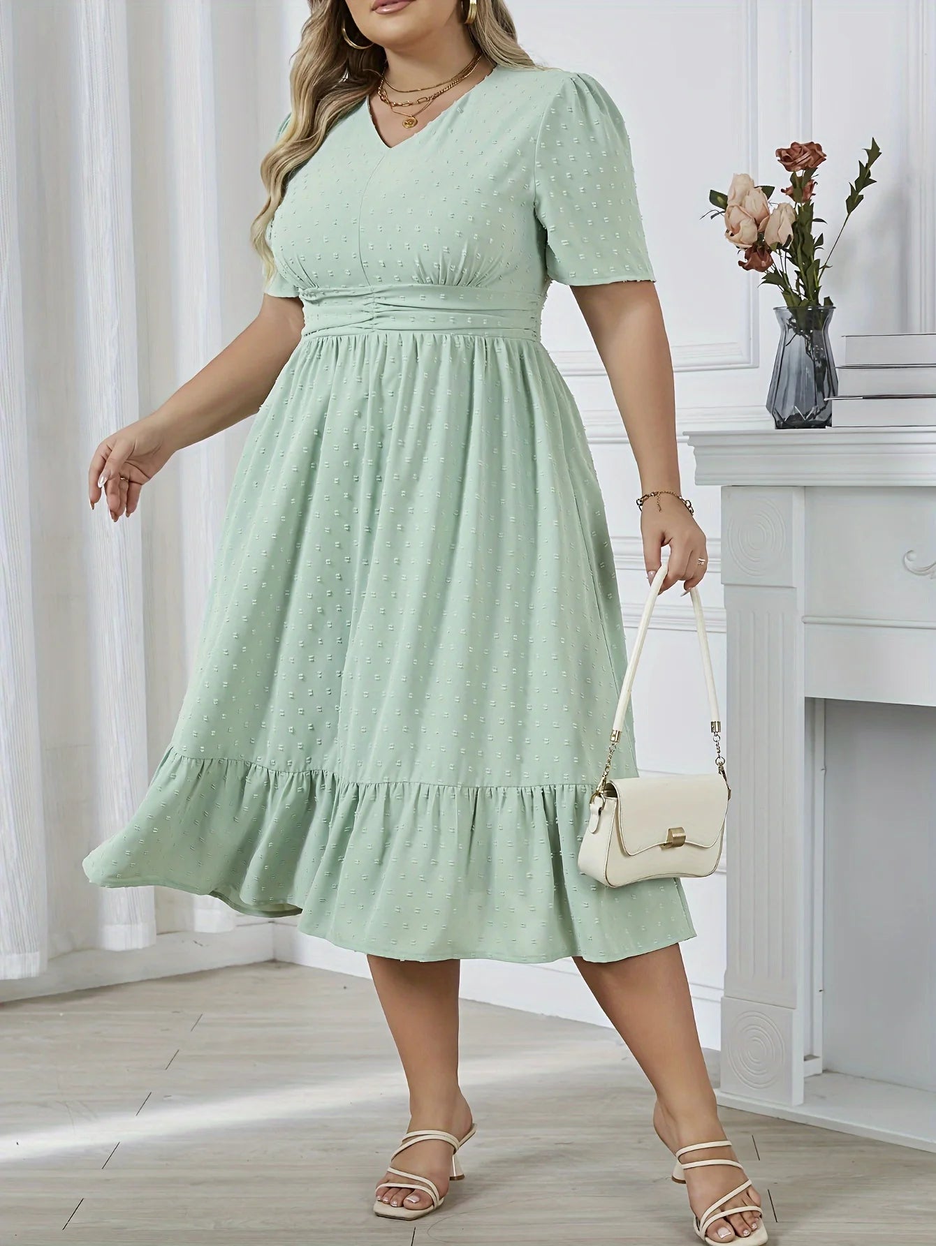 2024 New 0XL-4XL Plus Size Waist Swing Pleated Dress V-neck Solid Color A-line Skirt Elegant Fashion Lady Temperament Gentle