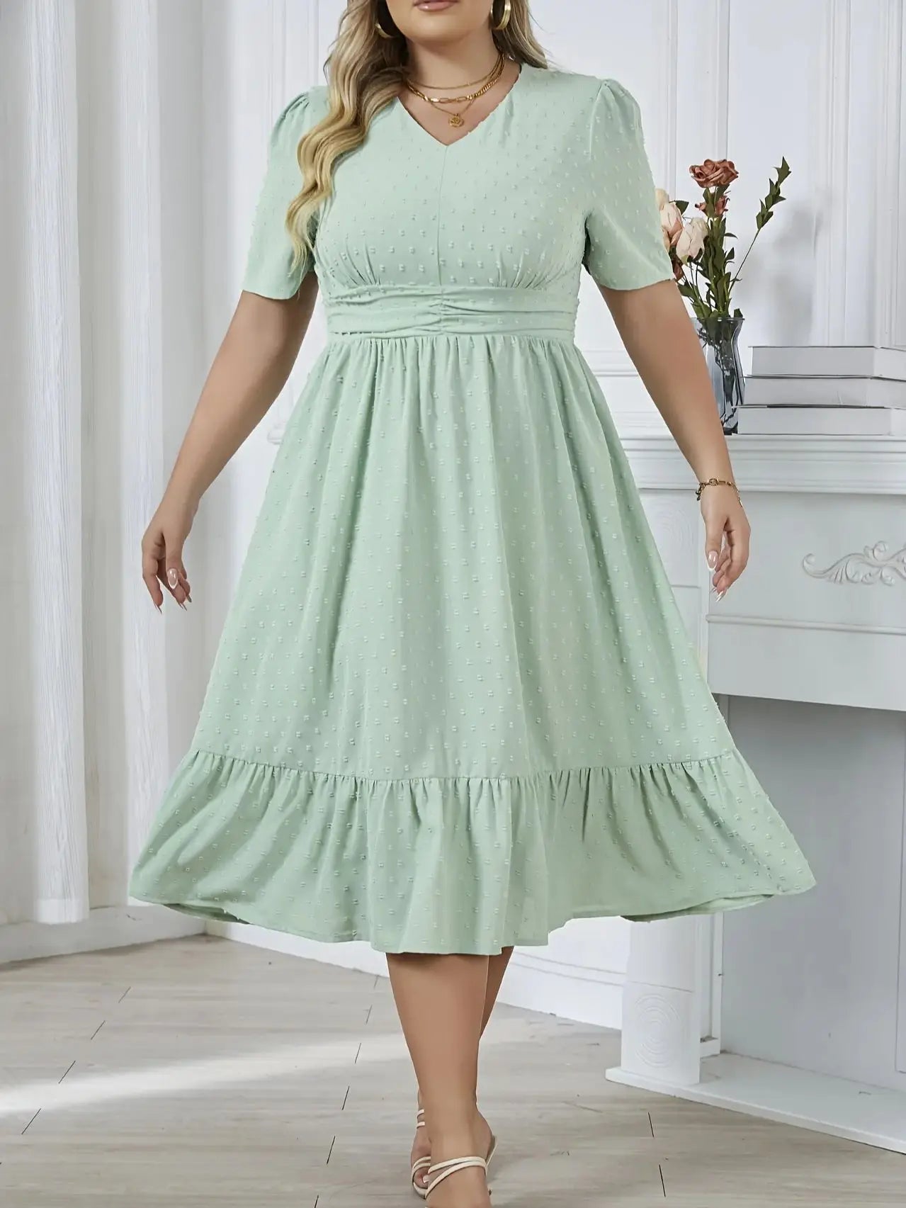 2024 New 0XL-4XL Plus Size Waist Swing Pleated Dress V-neck Solid Color A-line Skirt Elegant Fashion Lady Temperament Gentle