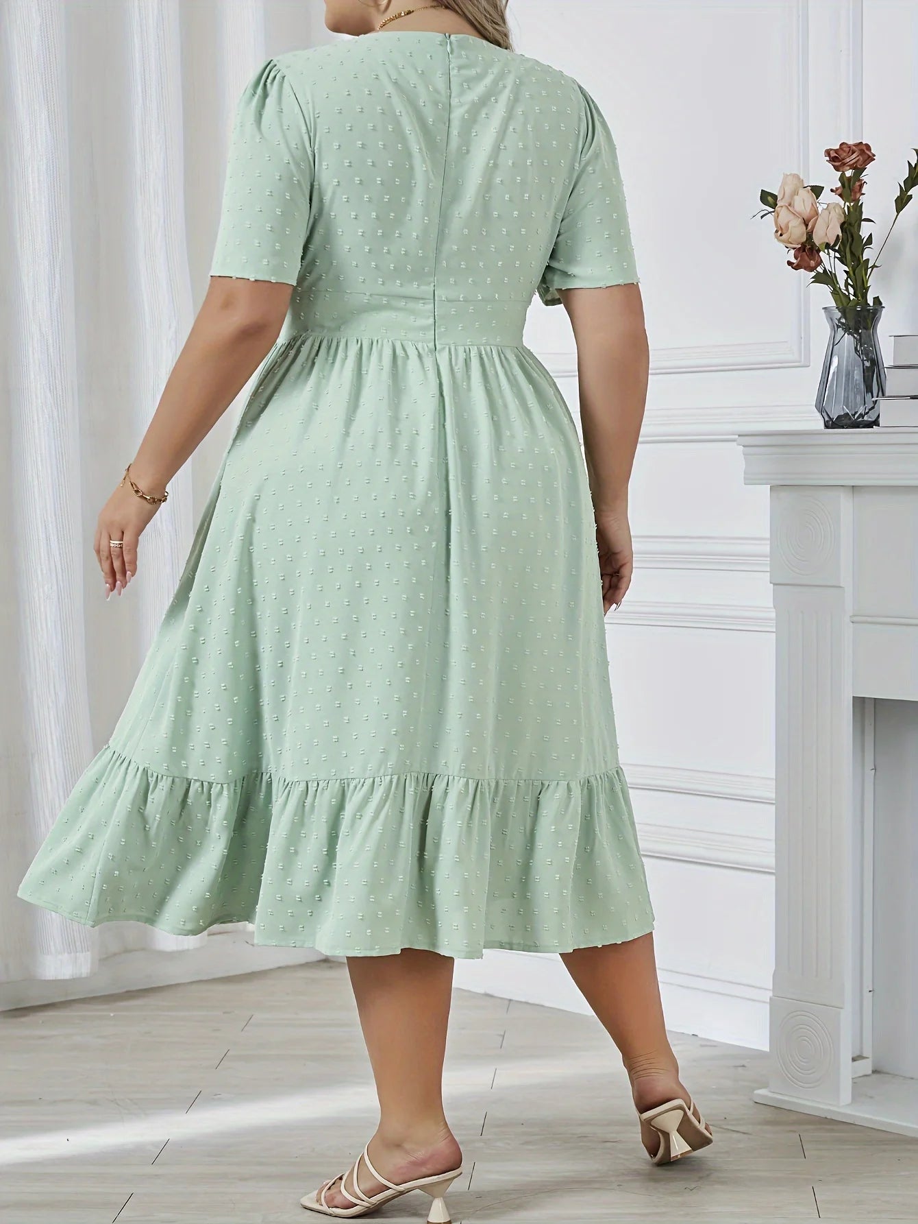2024 New 0XL-4XL Plus Size Waist Swing Pleated Dress V-neck Solid Color A-line Skirt Elegant Fashion Lady Temperament Gentle
