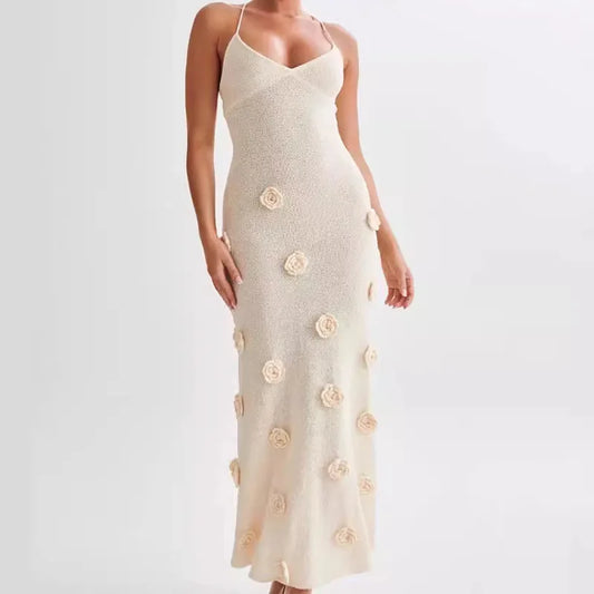 3D Flower Knitted Sling Long Dress Women Sexy Deep V-neck Backless Sleeveless Lace Up Femme Robes 2024 Summer Beach Dresses