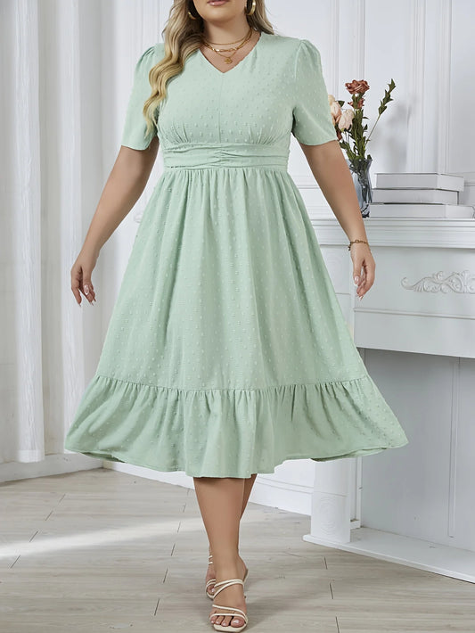 2024 New 0XL-4XL Plus Size Waist Swing Pleated Dress V-neck Solid Color A-line Skirt Elegant Fashion Lady Temperament Gentle